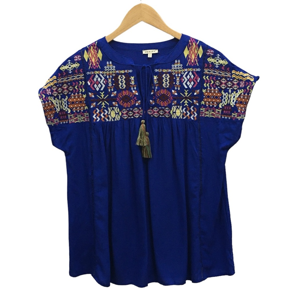 JODIFL Blue Embroidered Multicolor Lightweight Rayon Oversize Top Women’s Small - Picture 5 of 11